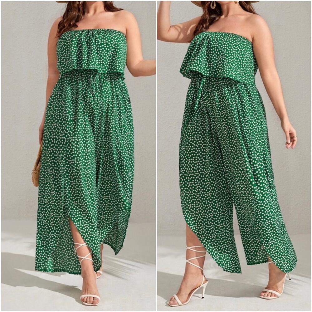Boho Floral Print Wide Leg Slit Ruffle Tube Jumper Jumpsuit